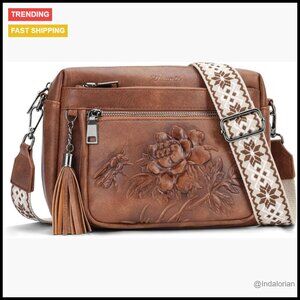 Vegan Leather Crossbody Bag Embossed Design Adjustable Strap Chic Travel Purse